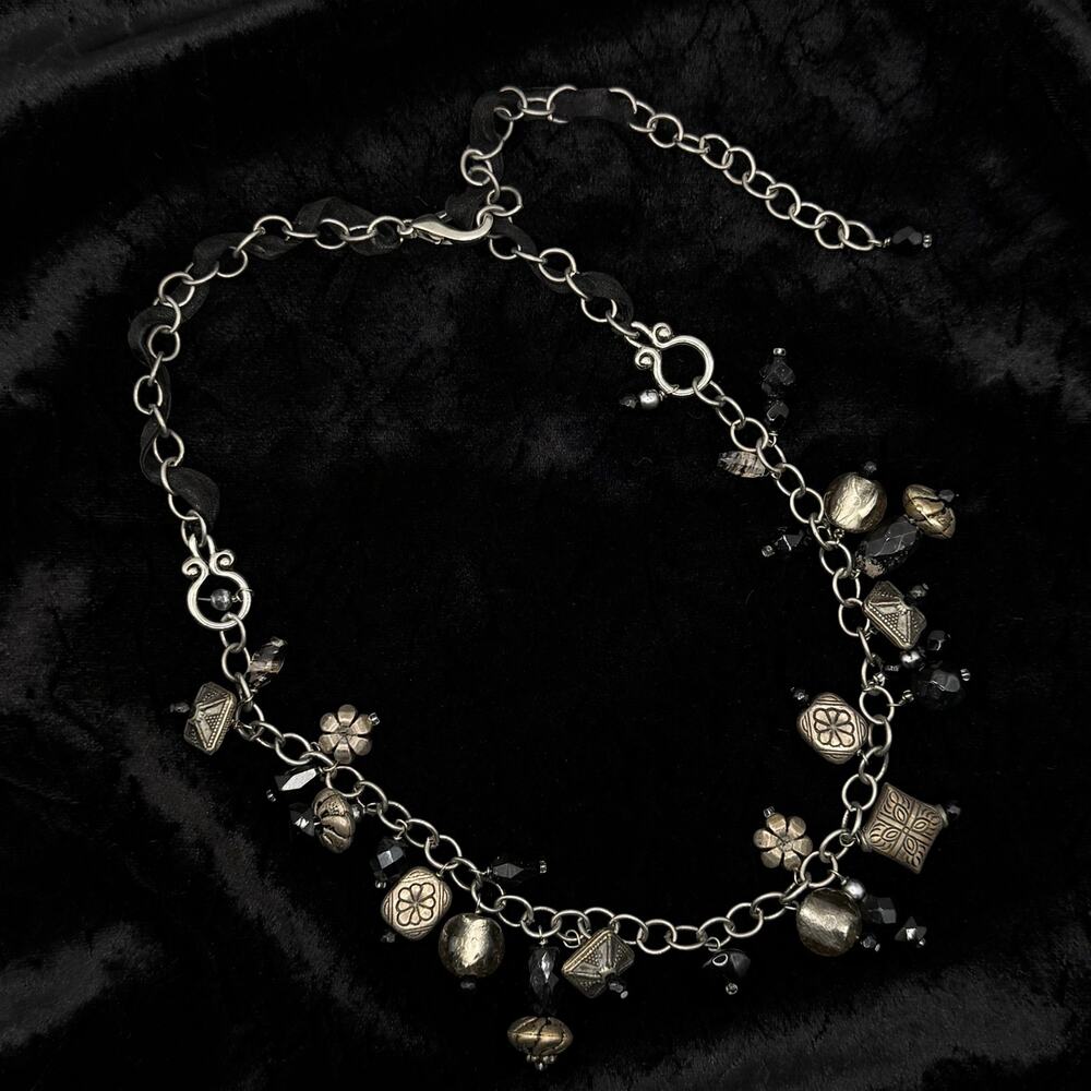 Black Silver Tribal Charm Cluster Necklace 11" Beaded Boho State Ribbon Chain